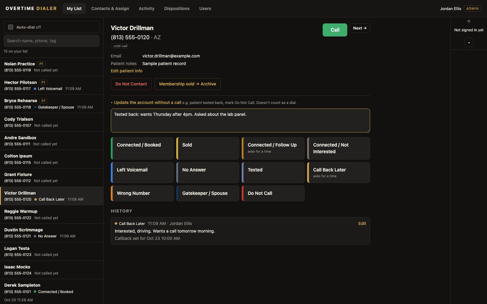 Patient page and call results