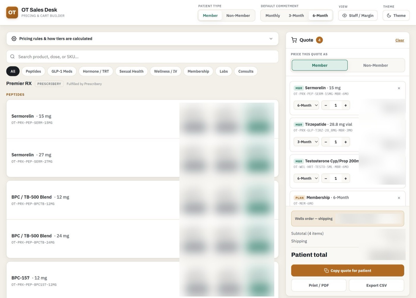 OT Sales Desk catalog and quote panel, prices blurred