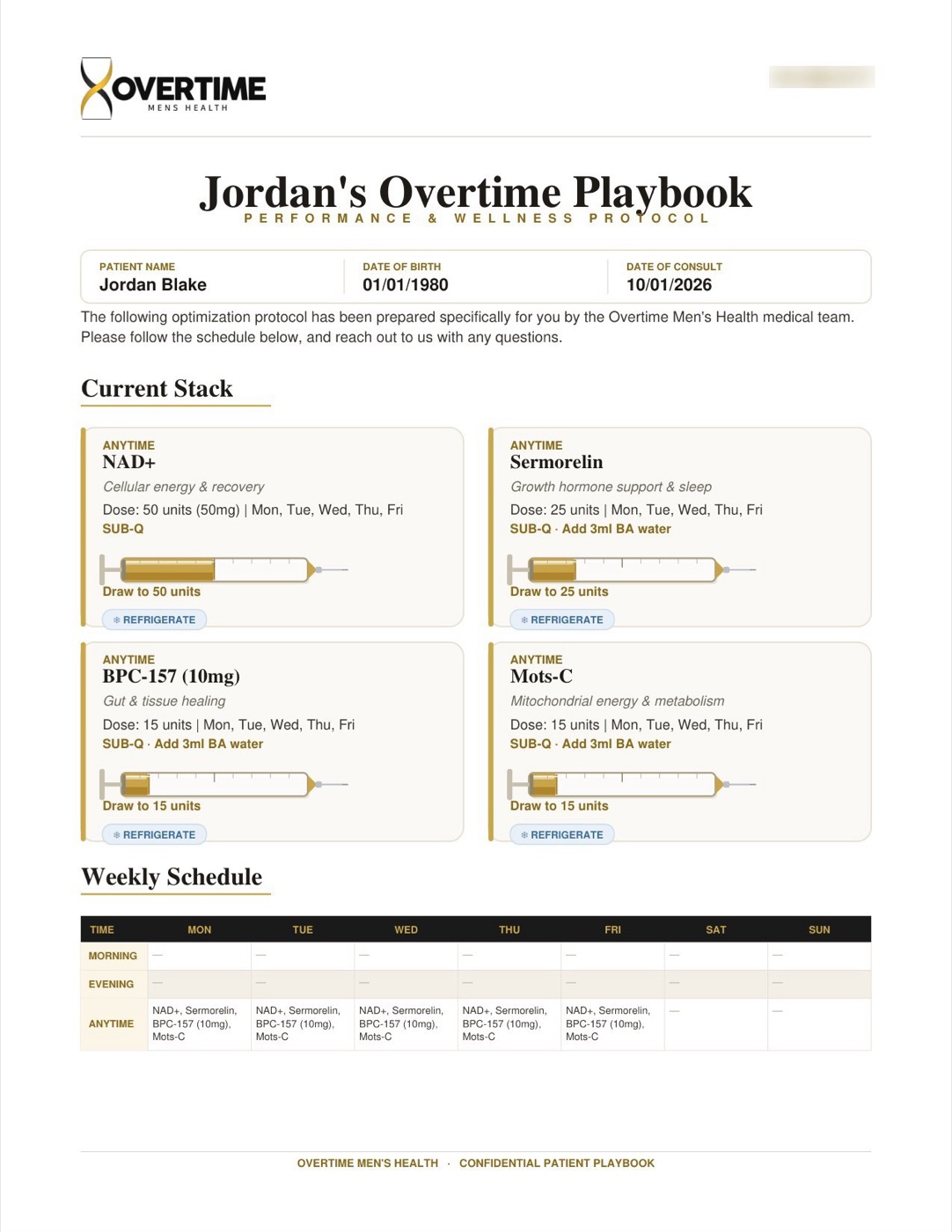 Patient Playbook for a fictional patient with dose cards, syringe draw gauges and a weekly schedule