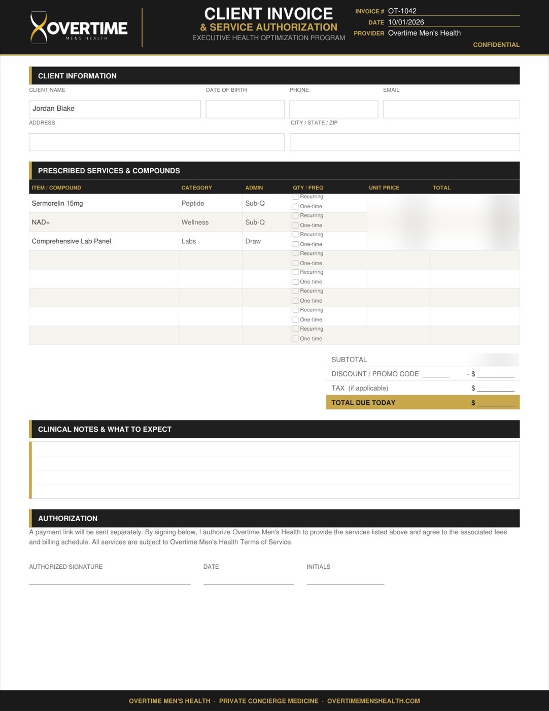 Client invoice, prices blurred