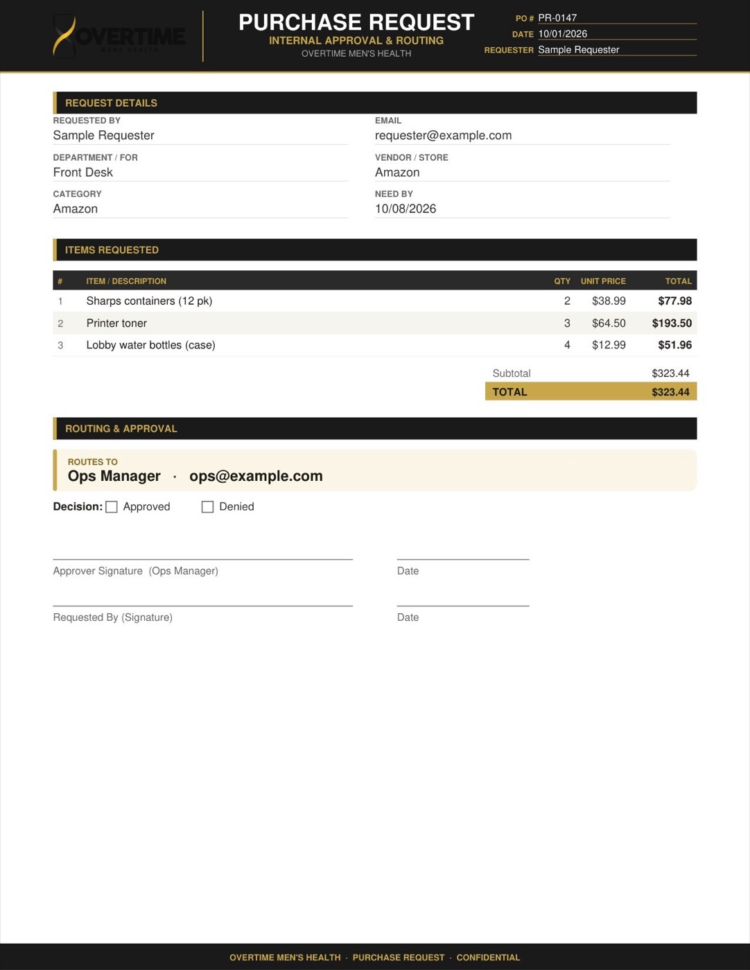 Purchase request with automatic approver routing
